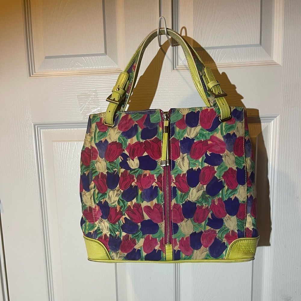 Sharon 71% silk multi color tulips & leather crocs print sage green satchel .